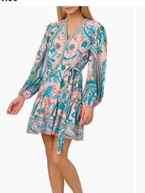 Adrianna Papell Pink and Teal Paisley V-Neck Tie-Waist Mini Dress